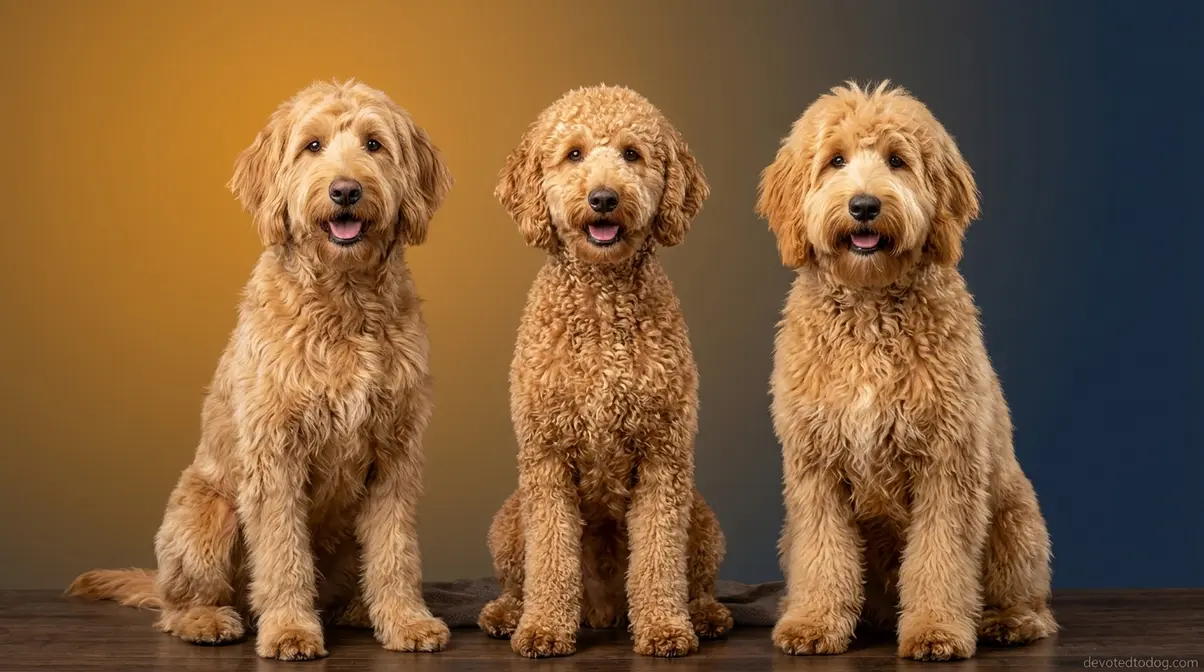 Three Goldendoodle dogs side by side showing F1 F1B and F2B generation coat differences