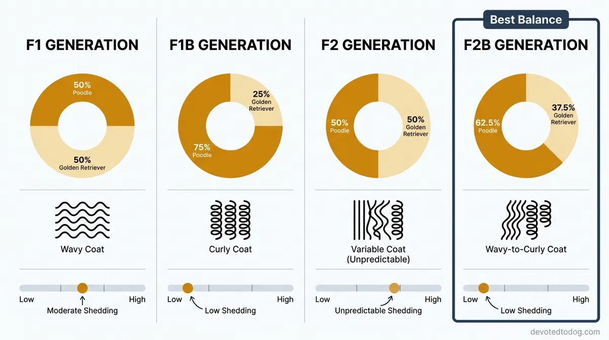 Infographic comparing F1 F1B F2 and F2B Goldendoodle generations by Poodle percentage coat type and shedding