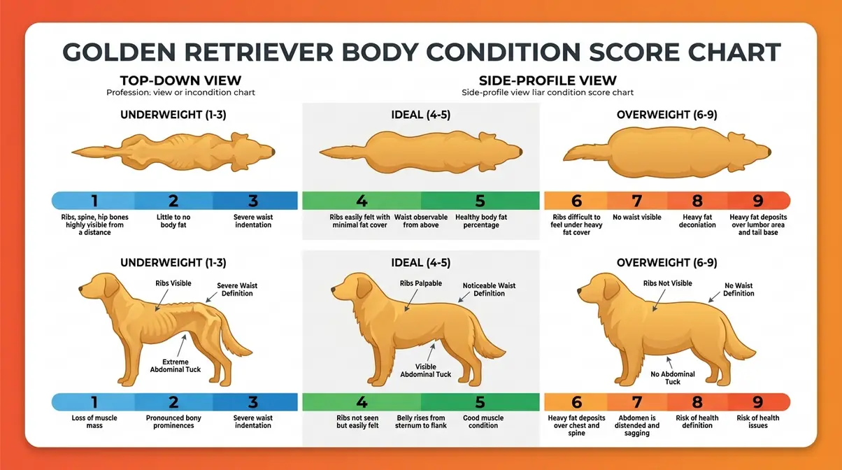 Golden Retriever body condition score chart showing underweight, ideal, and overweight silhouettes from above and side