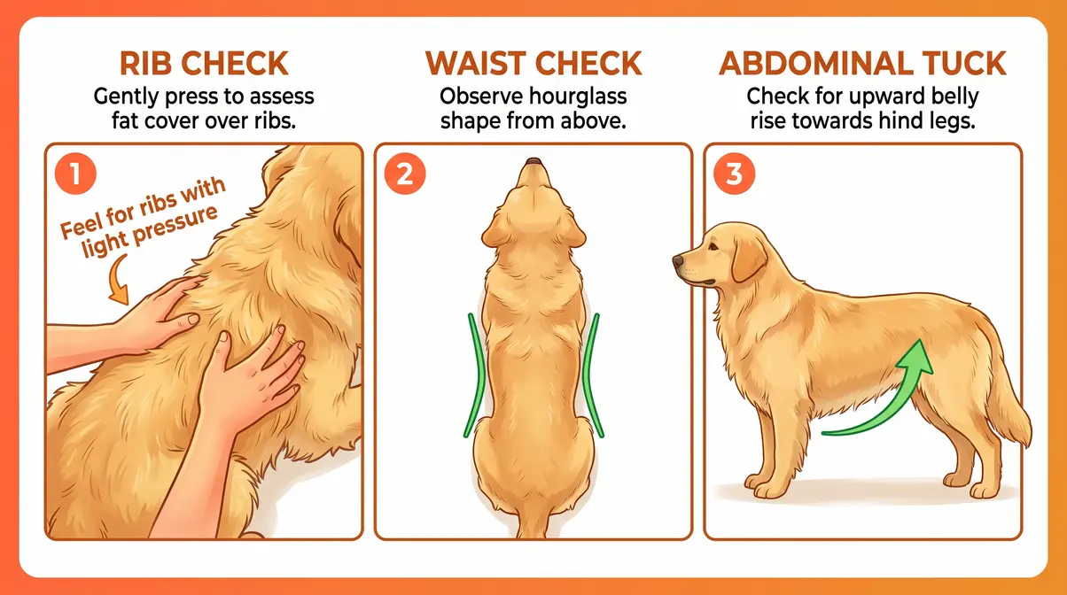 Illustrated diagram of the rib check, waist check, and abdominal tuck for assessing if a Golden Retriever is overweight