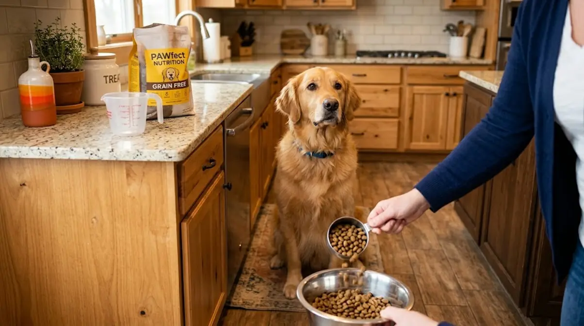 Eager golden retriever watching owner measure food portions in a kitchen