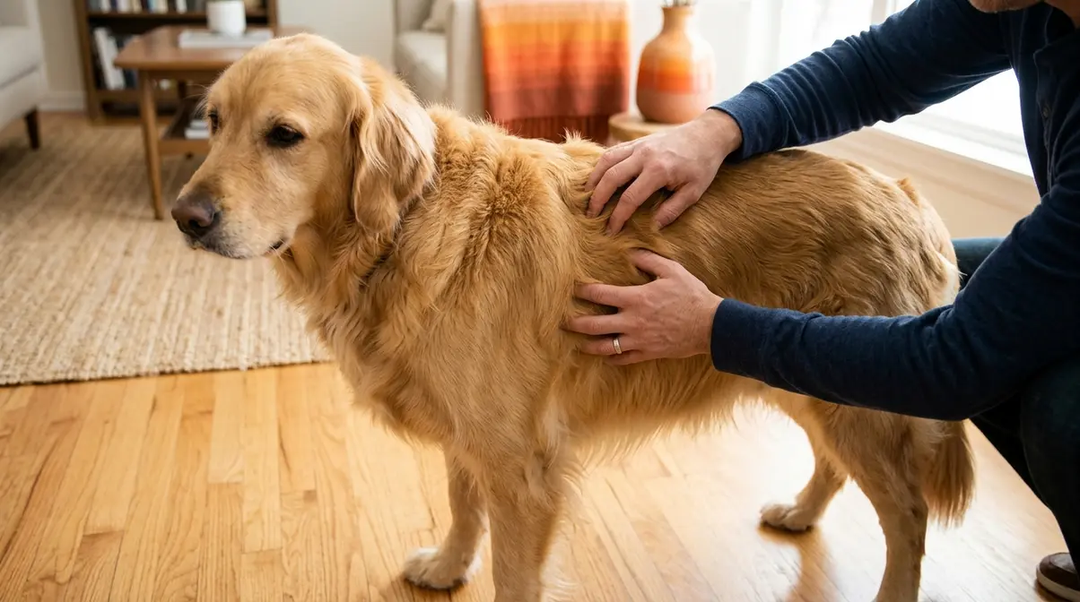 Owner parting a golden retriever