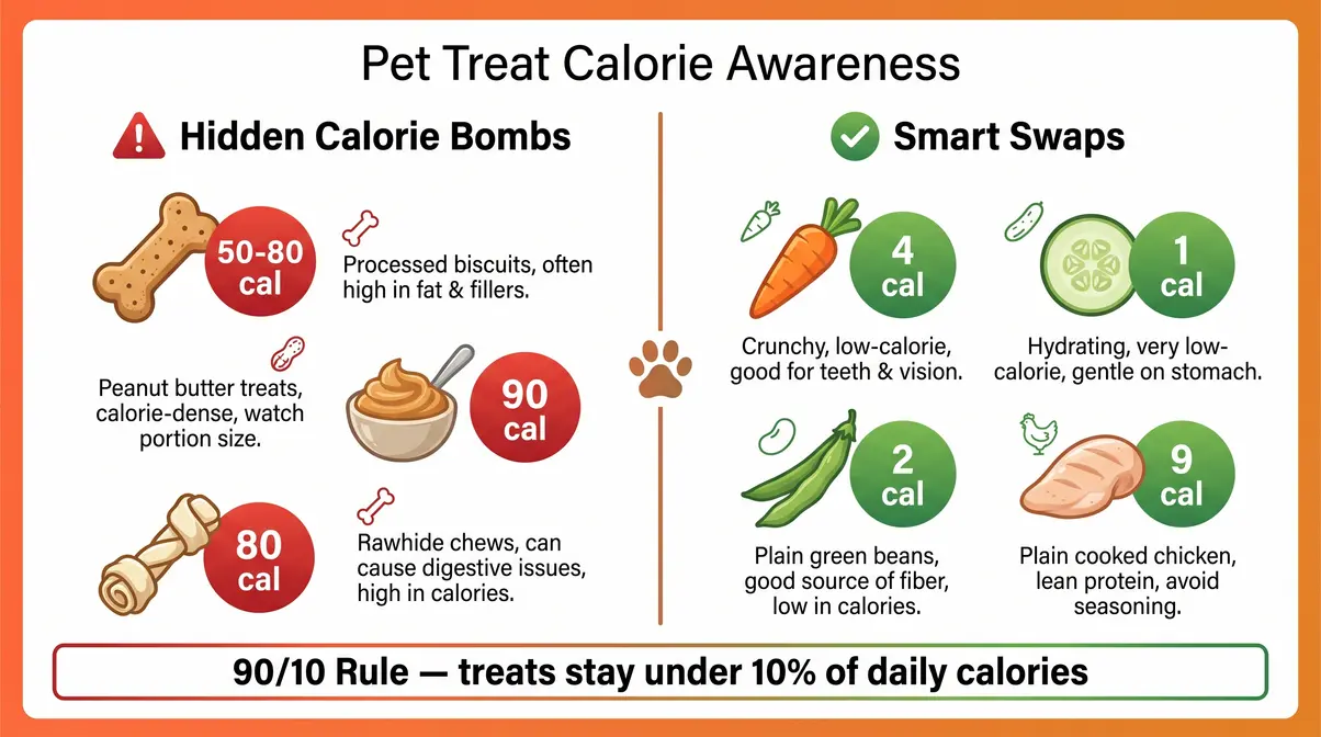 Comparison chart showing low-calorie Golden Retriever treat alternatives versus high-calorie commercial dog treats with calorie counts