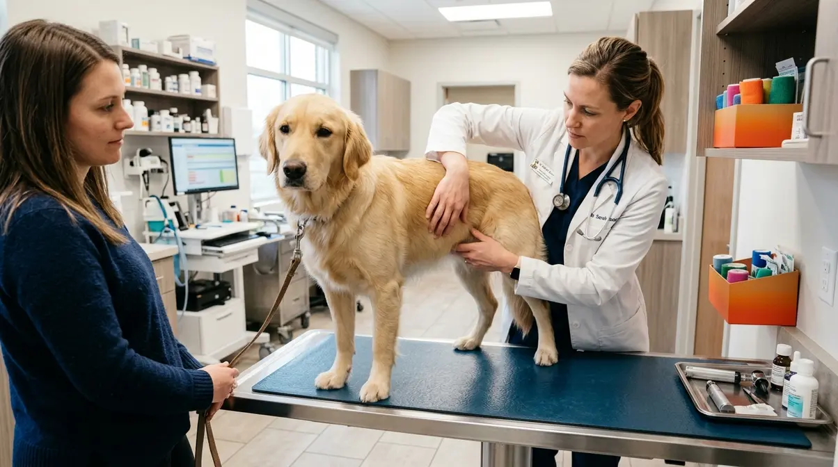Veterinarian examining an overweight golden retriever on a clinic examination table