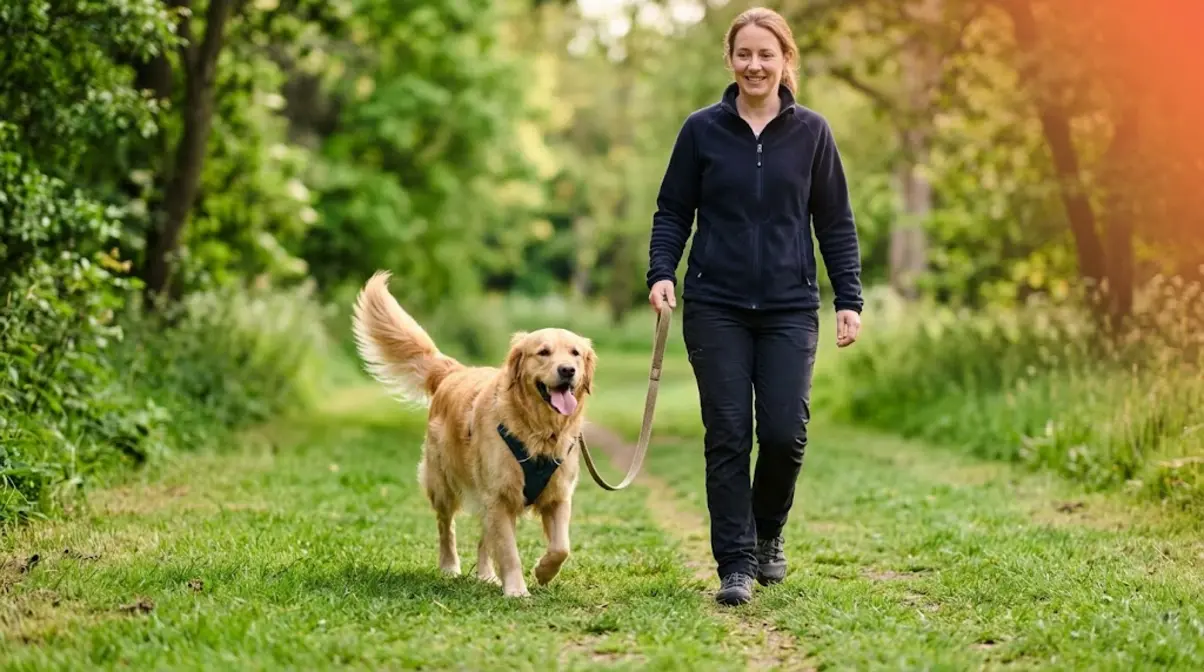 Overweight golden retriever on a leash walk with owner as part of a weight-loss exercise plan