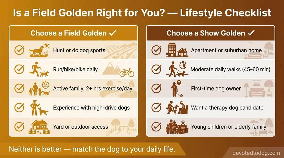 Checklist comparing field golden retriever vs show golden retriever lifestyle requirements including exercise energy training and living space
