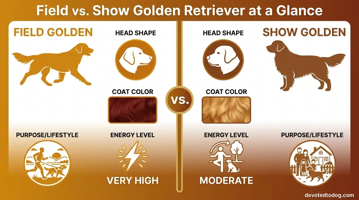 Field golden retriever vs show golden retriever side-by-side comparison of build, head, coat color, and energy level