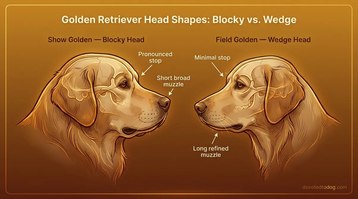 Show golden retriever blocky head vs field golden retriever wedge shaped head side-by-side anatomy comparison