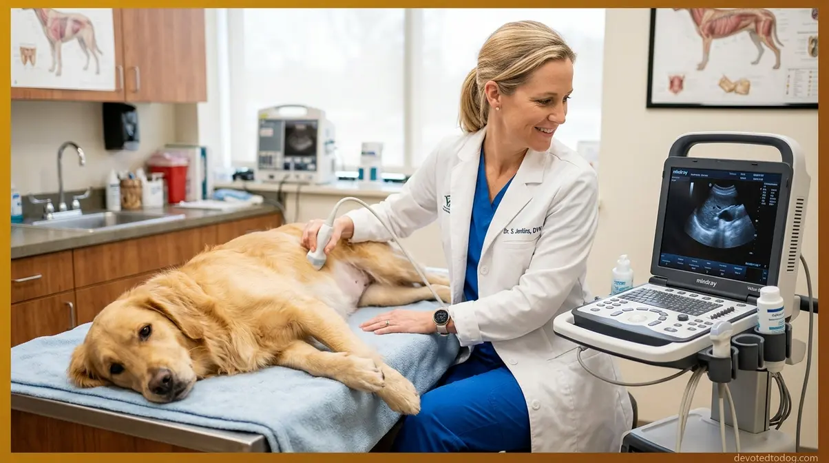 Veterinarian performing abdominal ultrasound on a golden retriever for cancer screening and health monitoring