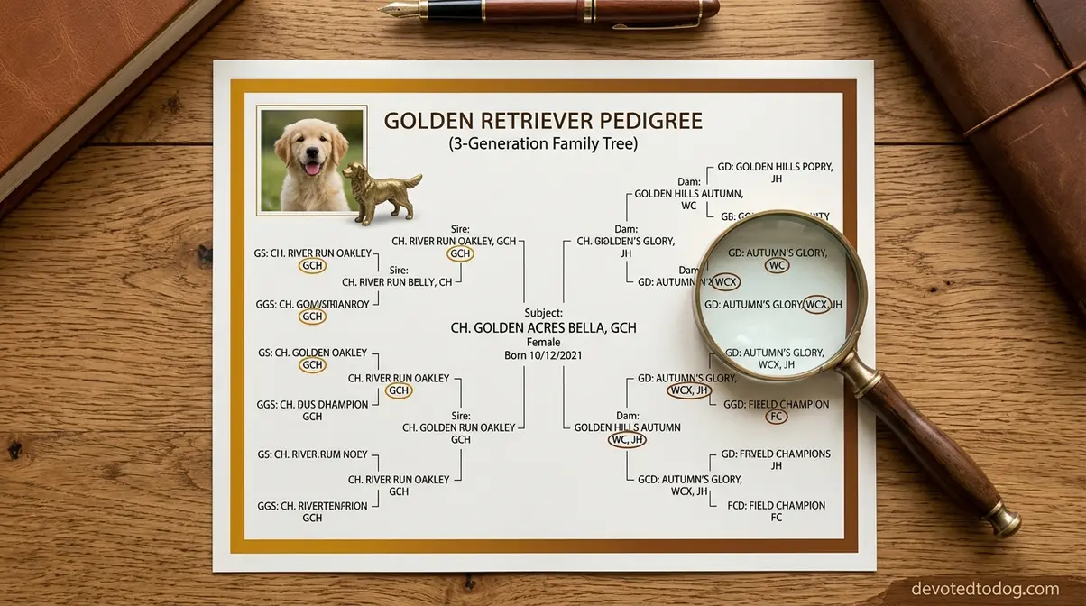 Golden retriever pedigree document showing field titles WC WCX FC and show titles CH GCH for identification