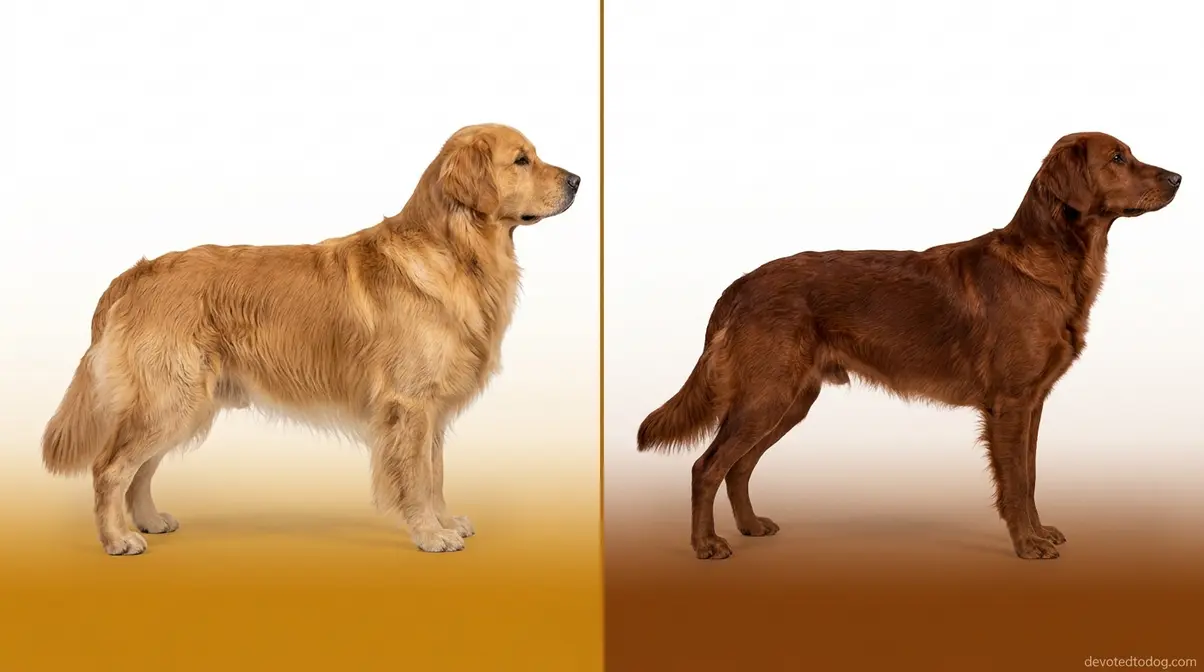 Show golden retriever stocky build with flowing coat beside lean field golden with shorter darker coat