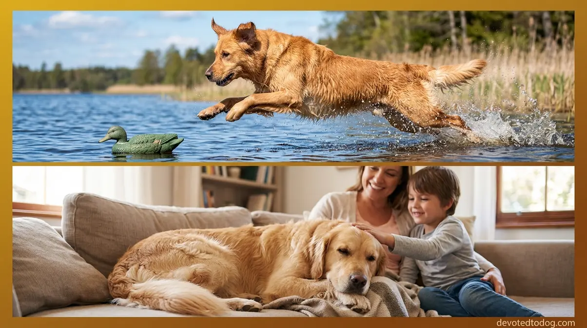 Field golden retriever retrieving from water showing high energy versus calm show golden relaxing with family