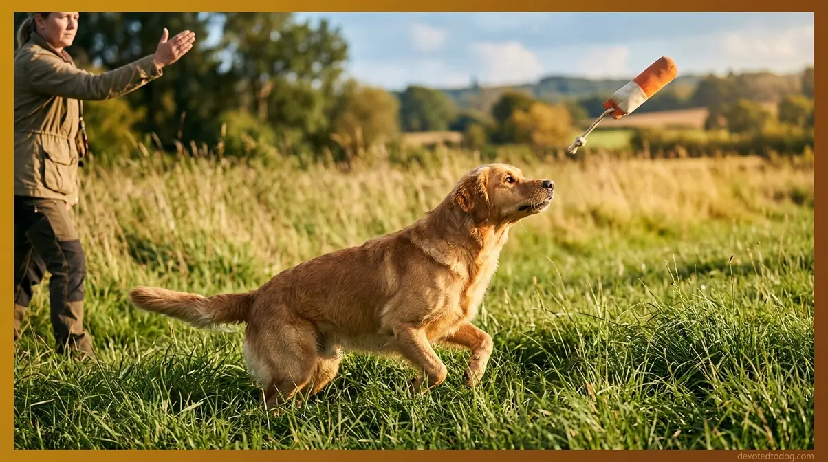 Golden retriever in training session showing intense prey drive focus tracking a thrown dummy