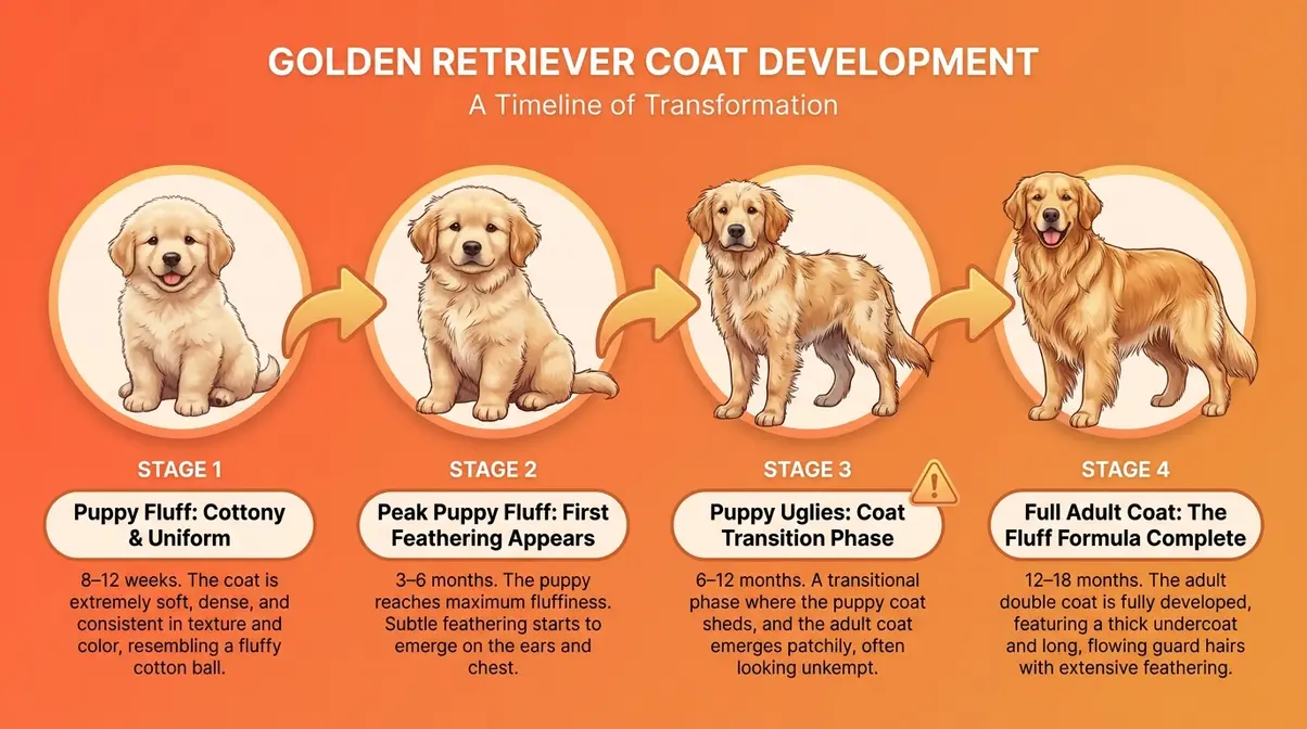 Infographic showing fluffy golden retriever coat changes from puppy fluff at 8 weeks through awkward transition to full adult coat at 18 months