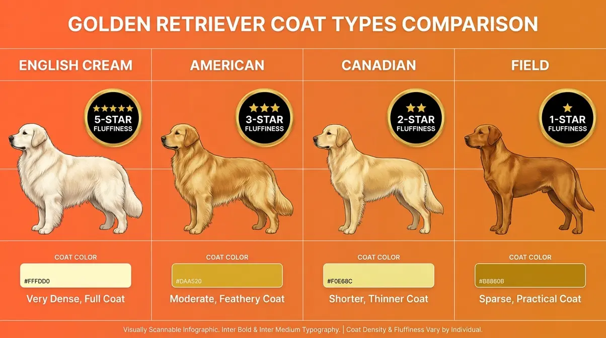 Side-by-side comparison of English Cream, American, Canadian, and Field Golden Retriever coat density and fluffiness levels
