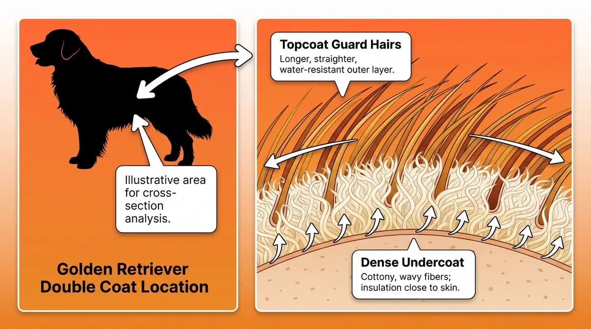 Diagram of a fluffy golden retriever double coat showing dense undercoat and longer topcoat guard hair layers