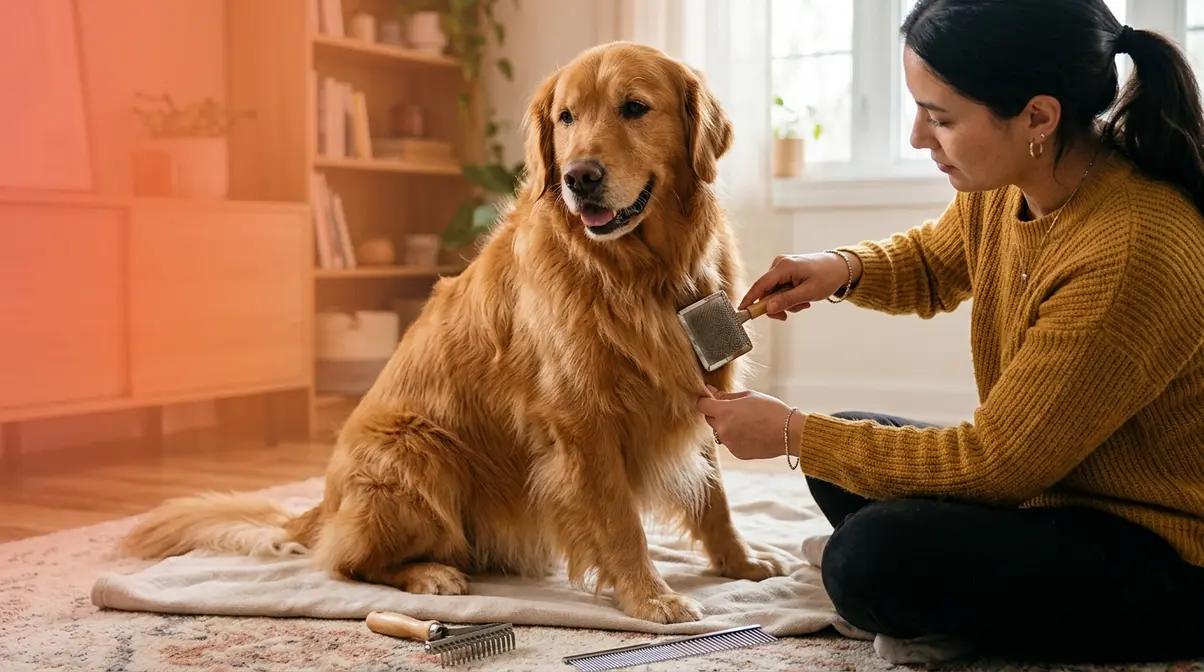 Person grooming a fluffy golden retriever using the pat-and-pull brushing method with a slicker brush and undercoat rake