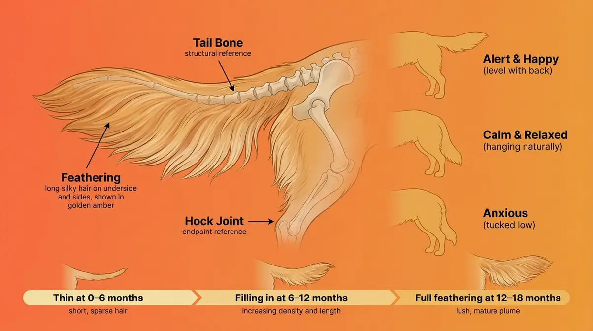 Labeled diagram of a fluffy golden retriever tail showing feathering anatomy, tail carriage positions, and development timeline