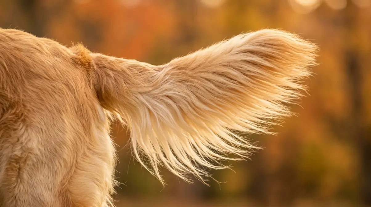 Golden Retriever tail feathering close-up showing long silky hair flowing mid-wag in warm afternoon light