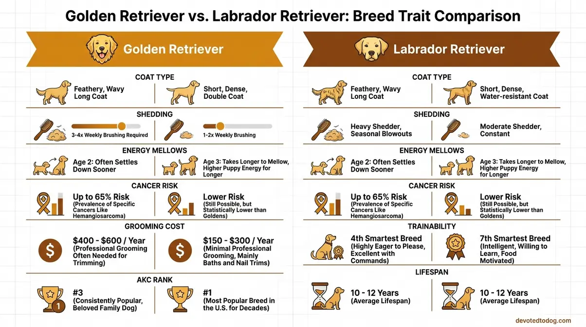 Side-by-side golden labrador vs golden retriever comparison infographic showing size, coat, temperament, and health differences