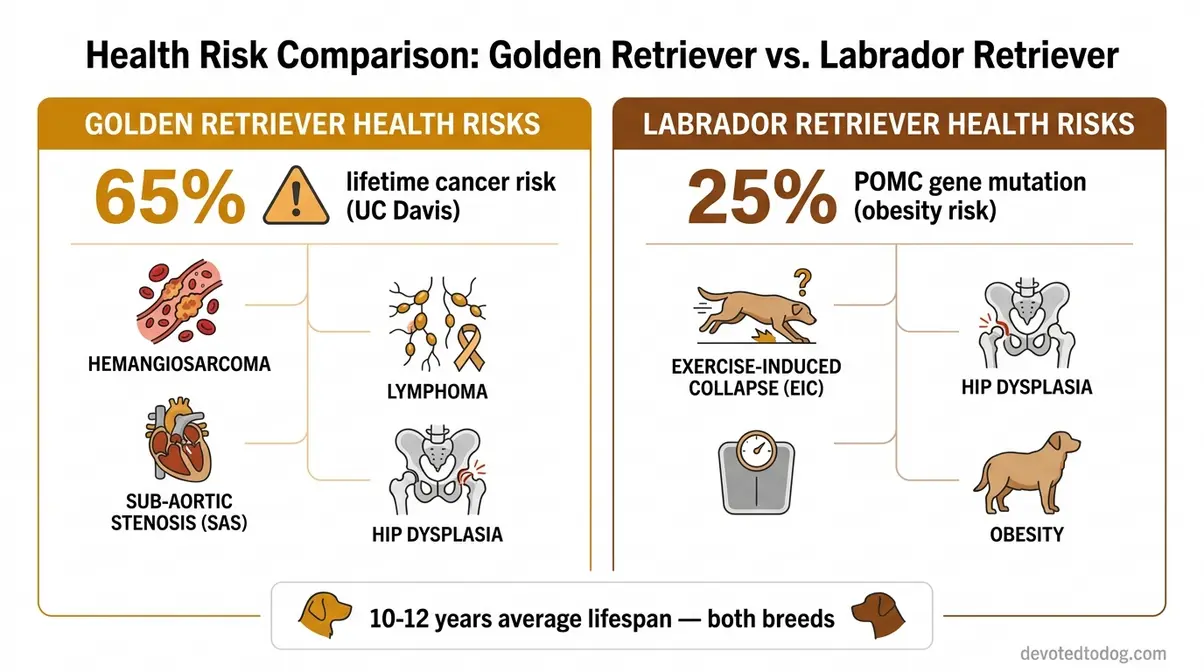 Chart comparing major health risks in golden labrador vs golden retriever including cancer rates, EIC, and lifespan data