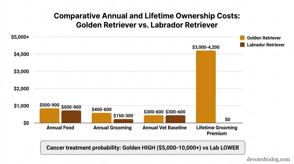 Bar chart comparing golden labrador vs golden retriever annual and lifetime ownership costs including grooming and veterinary expenses