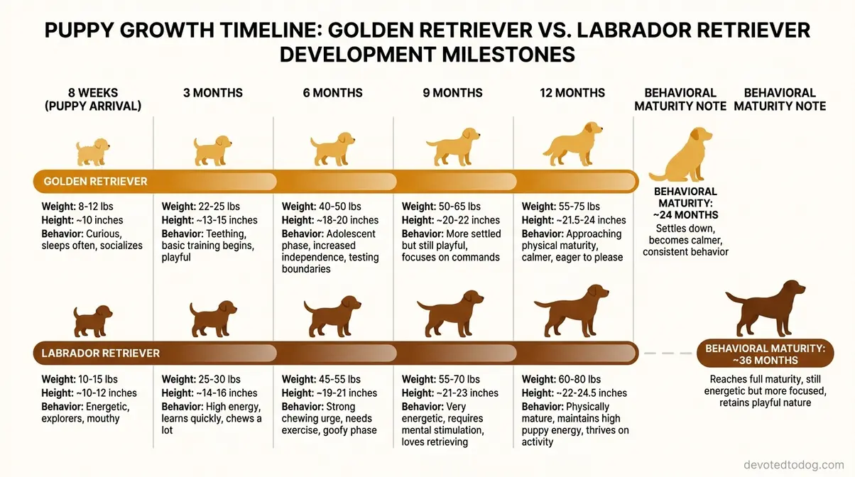 Puppy growth timeline comparing golden retriever and labrador retriever weight and height milestones at 3, 6, 9, and 12 months
