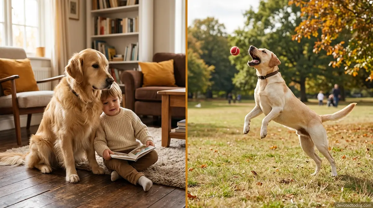 Golden retriever sitting calmly with child indoors while labrador retriever leaps energetically outdoors