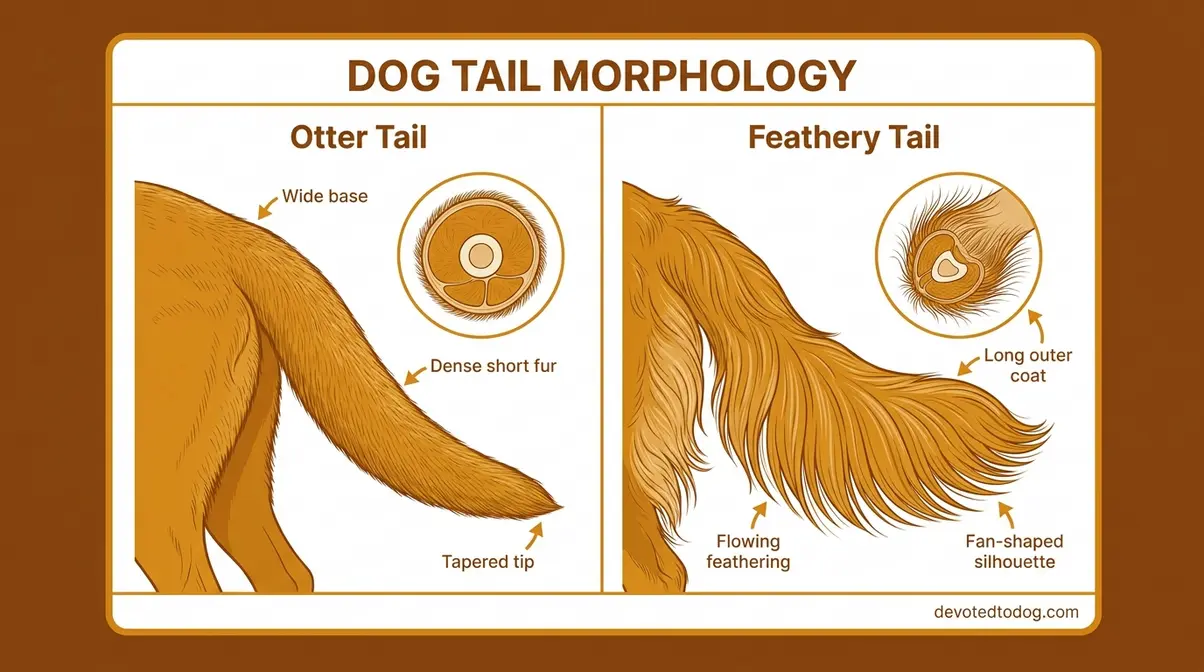 Side-by-side illustration comparing Labrador Retriever otter tail and Golden Retriever feathery tail breed differences