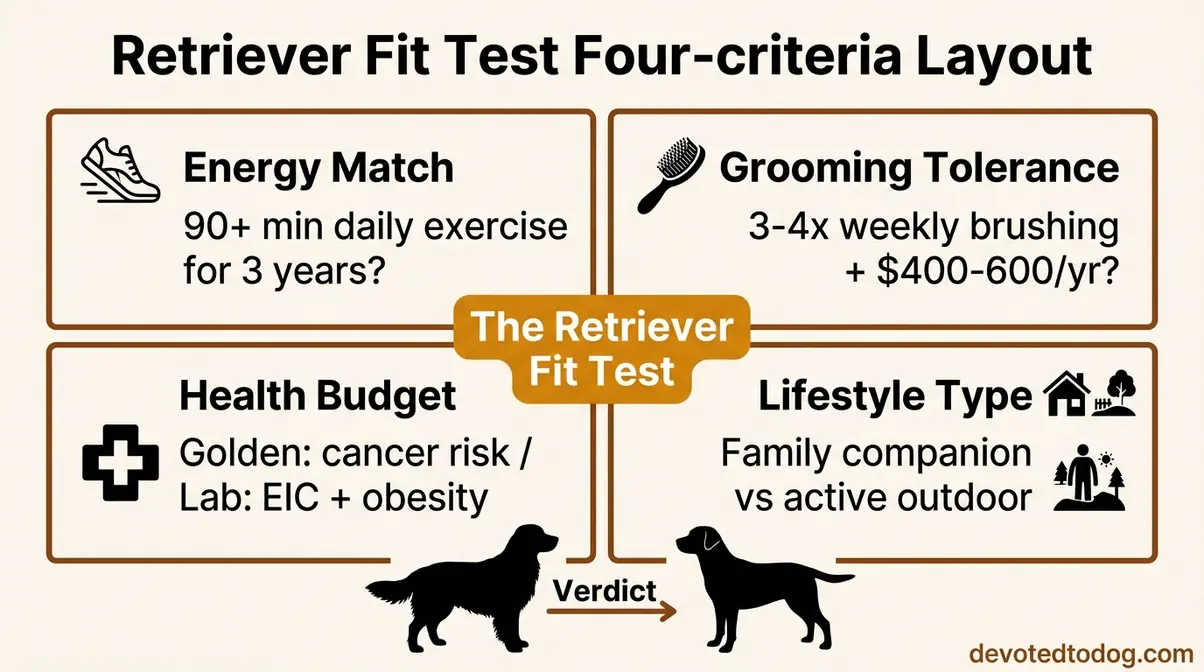 Retriever Fit Test four-criteria decision framework comparing energy match, grooming, health budget, and lifestyle type