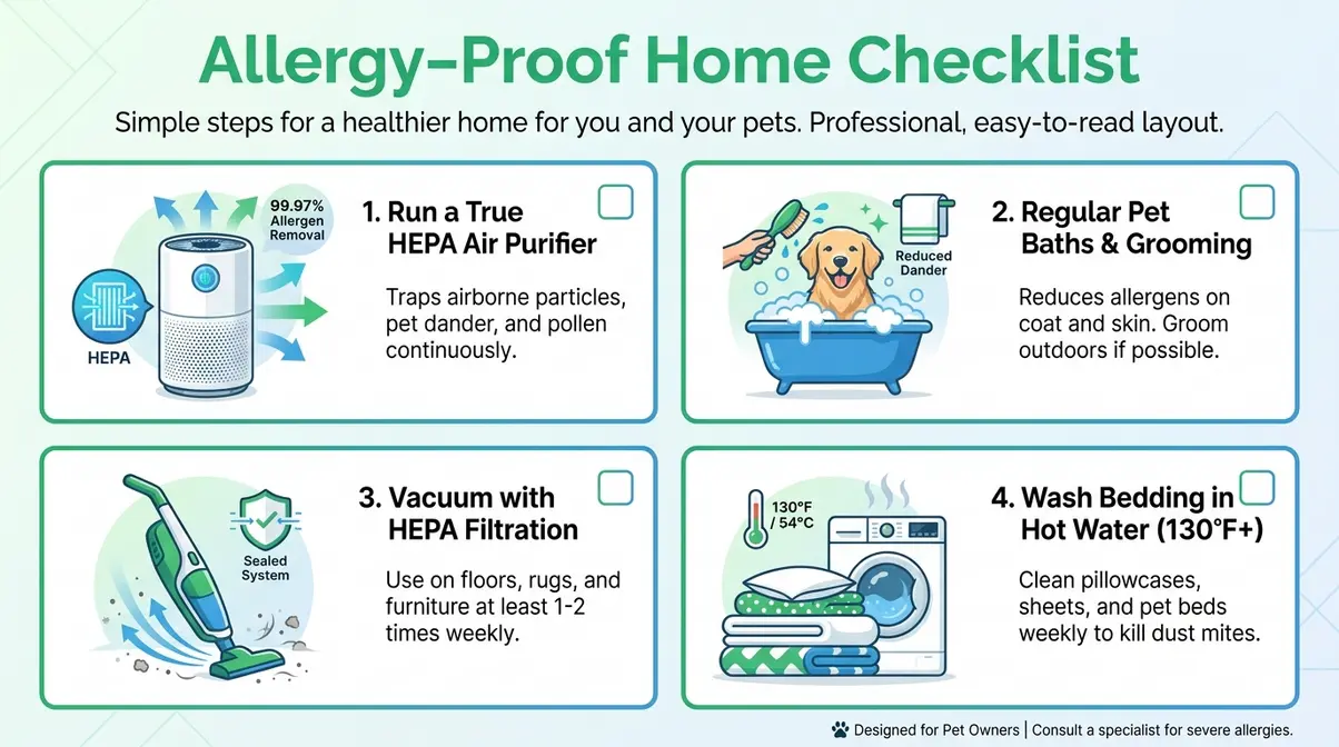 Checklist infographic showing home management steps to reduce golden retriever allergy triggers including cleaning bathing and air filtration
