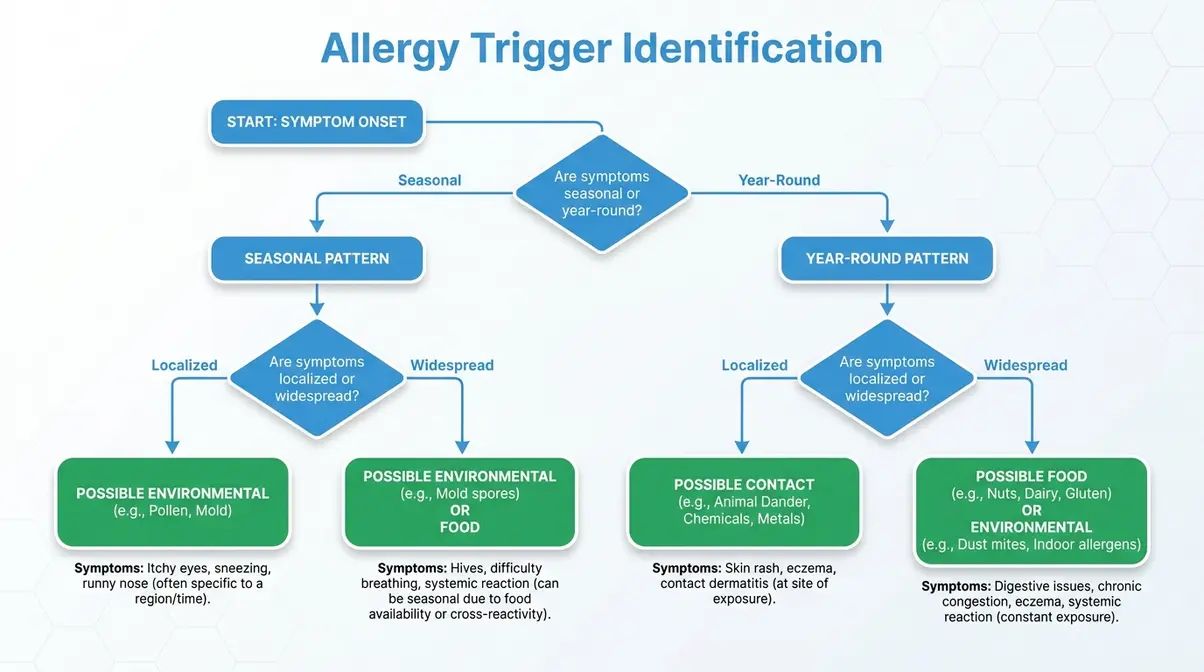 Flowchart to help identify whether golden retriever allergies are food environmental or contact based on symptom patterns