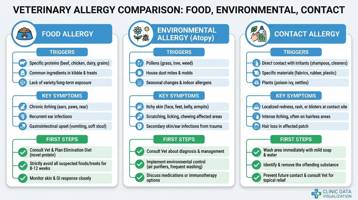 Comparison chart showing three types of golden retriever allergies with triggers symptoms and treatment for each