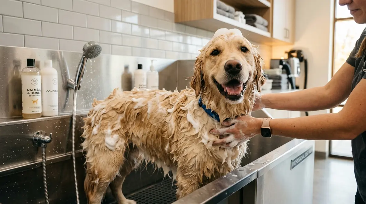 Golden retriever being bathed with soothing oatmeal shampoo to relieve itchy skin