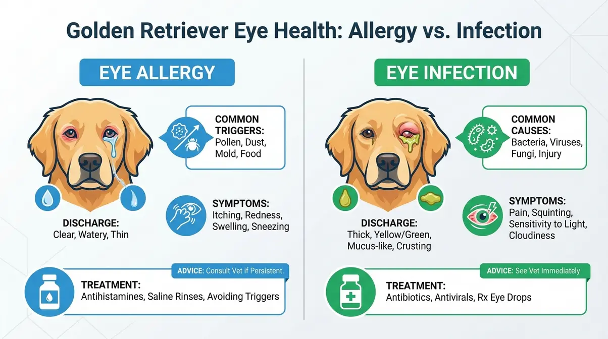 Side-by-side comparison table showing golden retriever eye allergy clear discharge versus eye infection yellow discharge symptoms