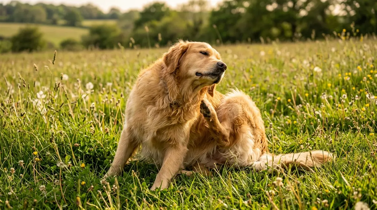 Golden retriever scratching its side in a grassy field due to environmental allergies