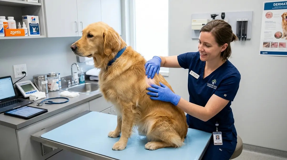 Veterinarian examining a golden retriever