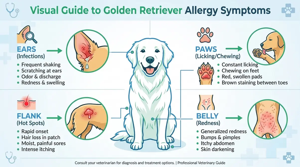 Golden retriever with red inflamed skin and hot spot on flank showing golden retriever allergy symptoms