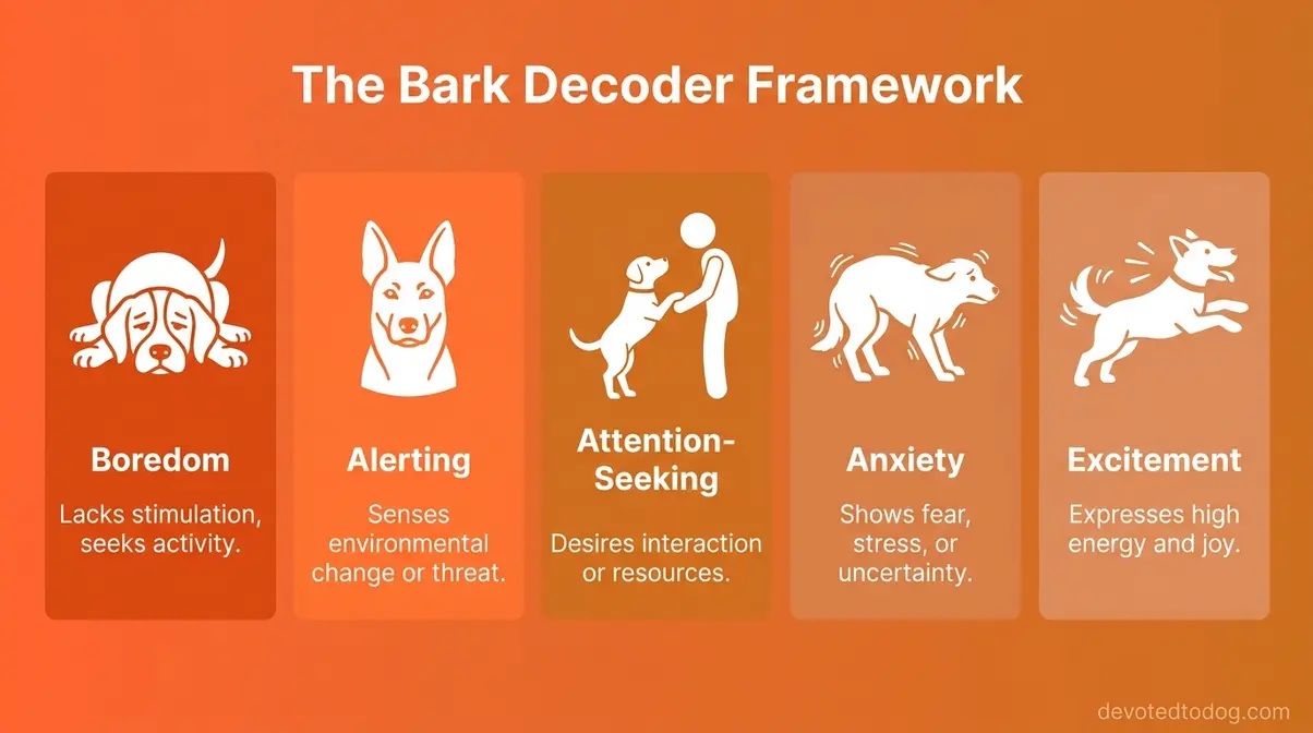 Infographic showing five golden retriever barking triggers: boredom, alerting, attention, anxiety, and excitement
