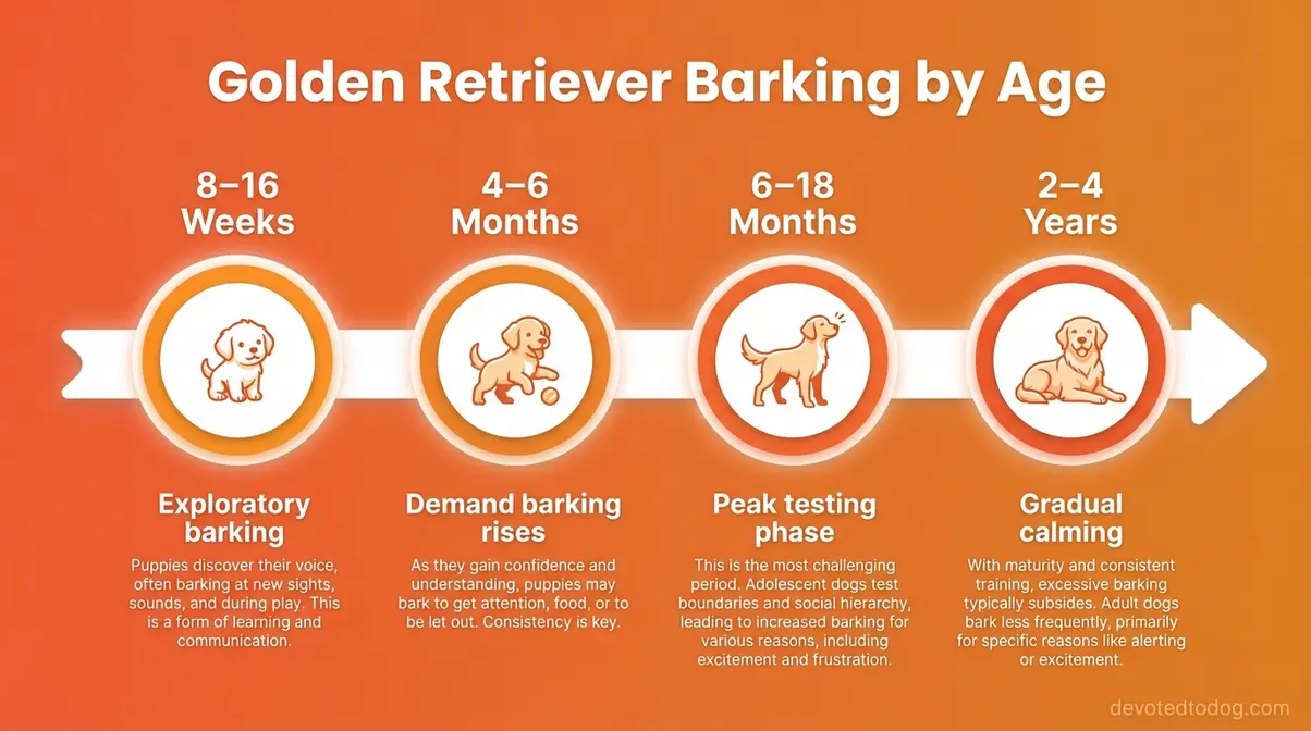 Age milestone infographic showing golden retriever barking behavior changes from 8 weeks to 2 years