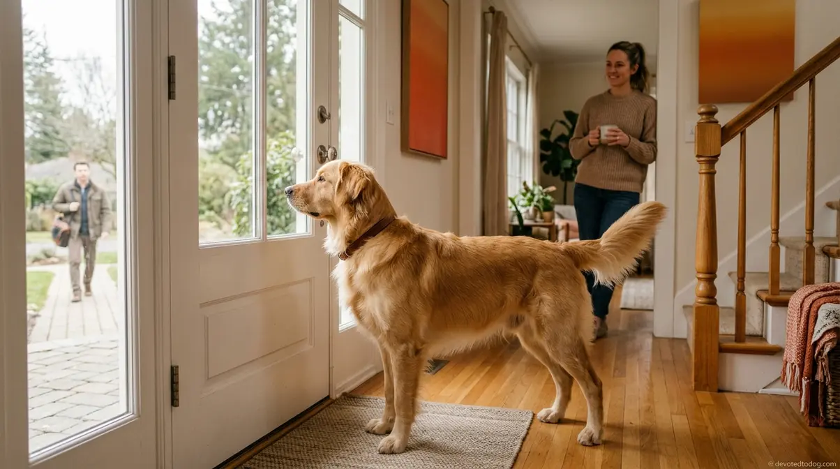 Golden retriever standing alert at a front door watching a stranger approach outside the home