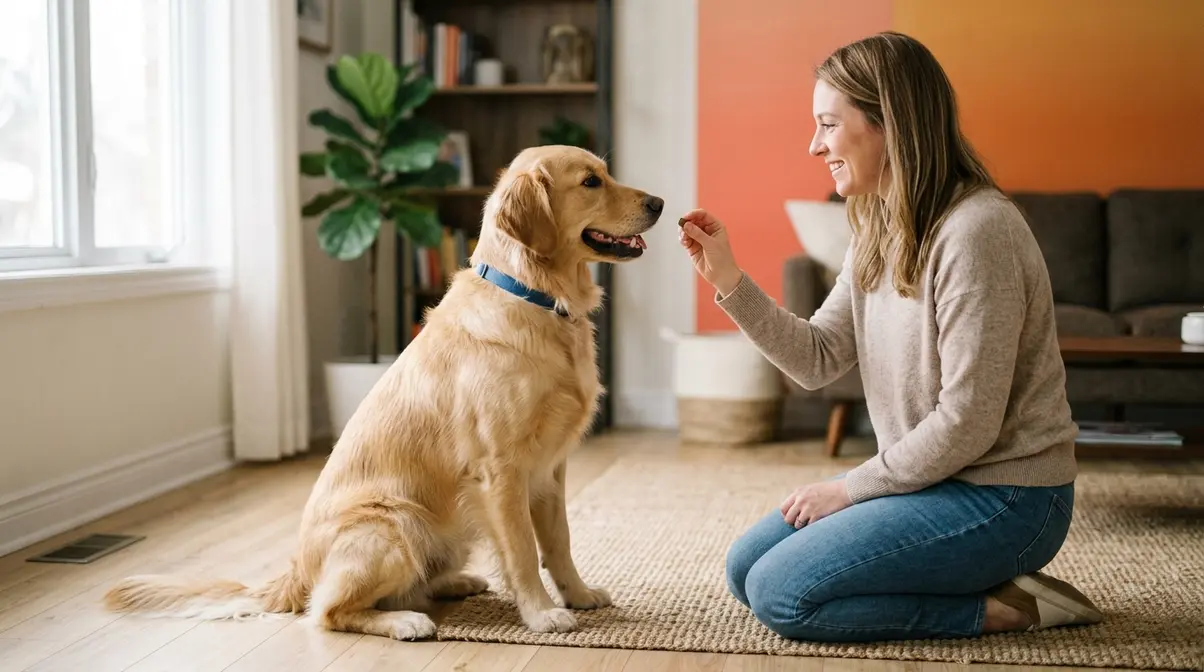 Owner training a golden retriever to stop barking using positive reinforcement with a treat reward