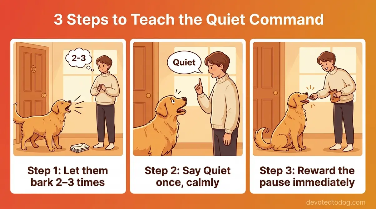 Three-panel illustrated guide showing owner teaching a golden retriever the quiet command with treat reward