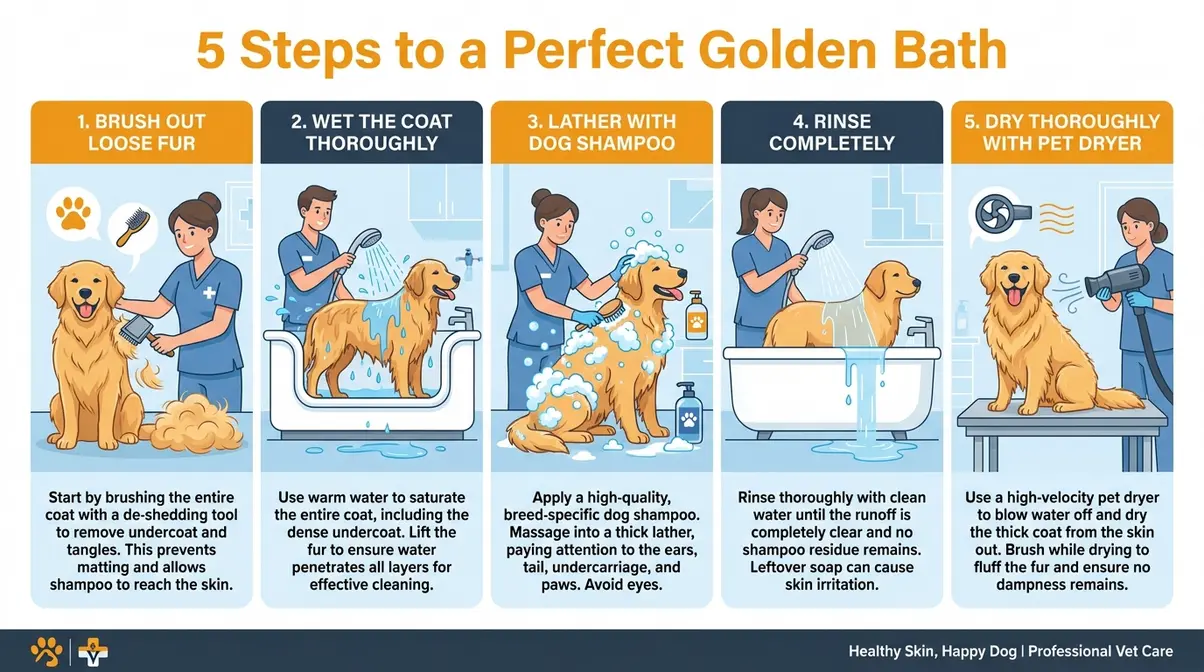 step-by-step illustrated guide showing golden retriever bathing process from pre-bath brushing to complete drying
