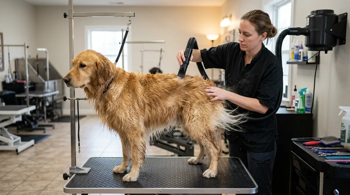 Professional grooming drying a wet golden retriever with a high-velocity dryer