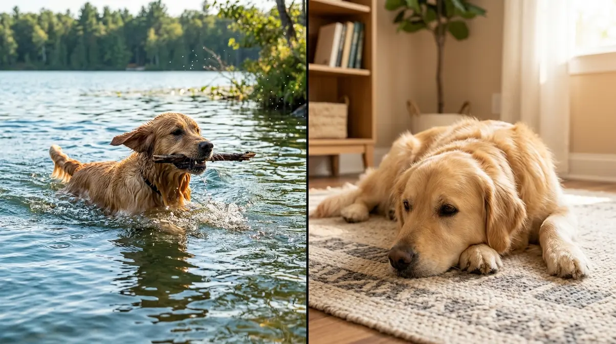 Active golden retriever swimming compared to an indoor dog resting