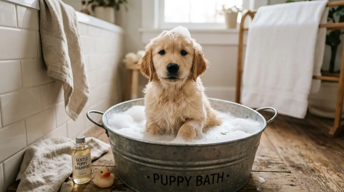 8-week-old golden retriever puppy getting its first gentle bath in a small tub