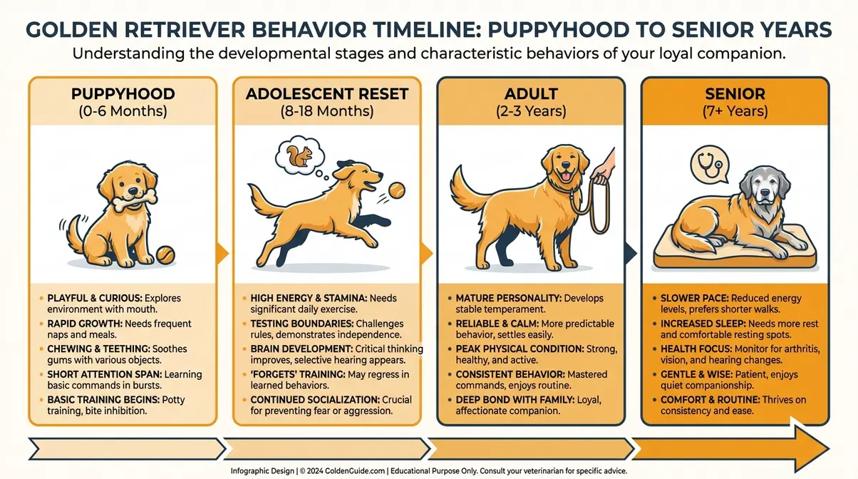 Golden Retriever behavior stages from puppy to senior years infographic