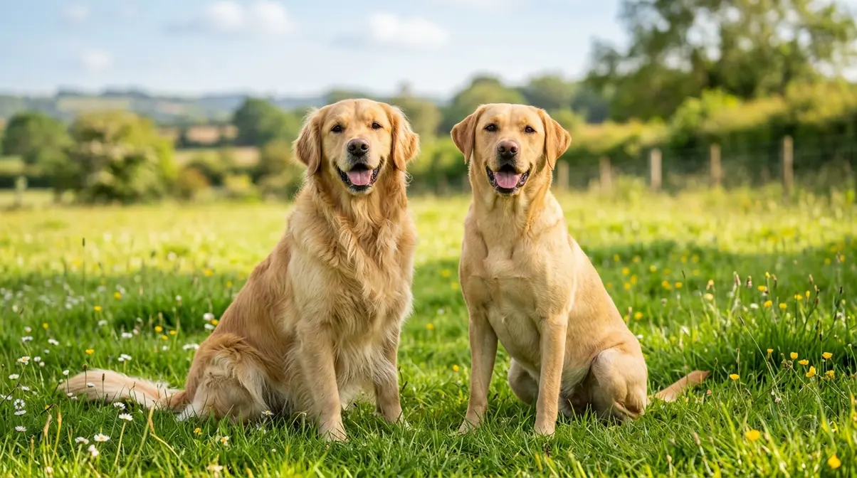 Golden Retriever and Yellow Labrador Retriever sitting together outdoors