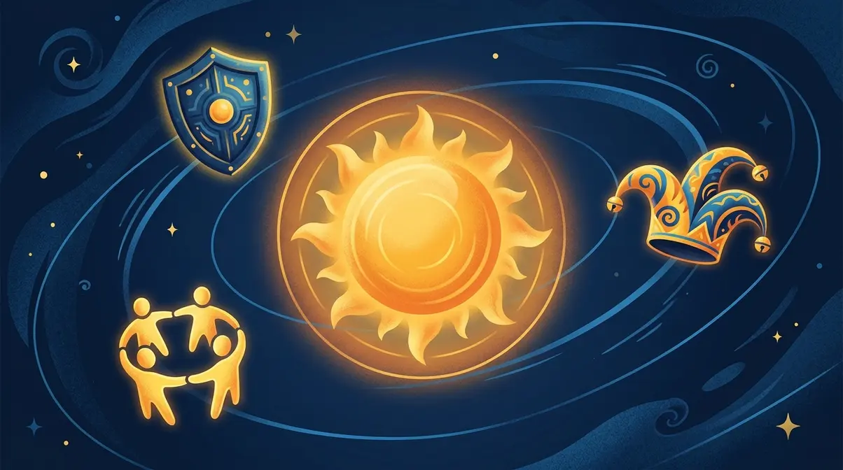 An abstract image showing icons for warmth, loyalty, and social ease, representing the traits of a golden retriever personality.